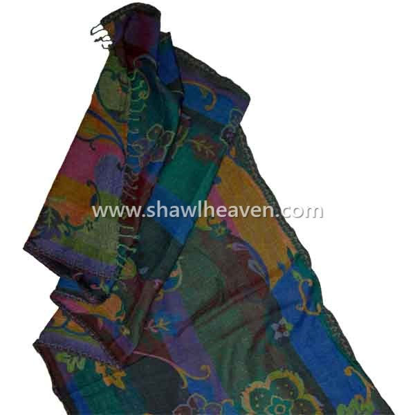 Large flower on vine multicolored jacquard wool shawl